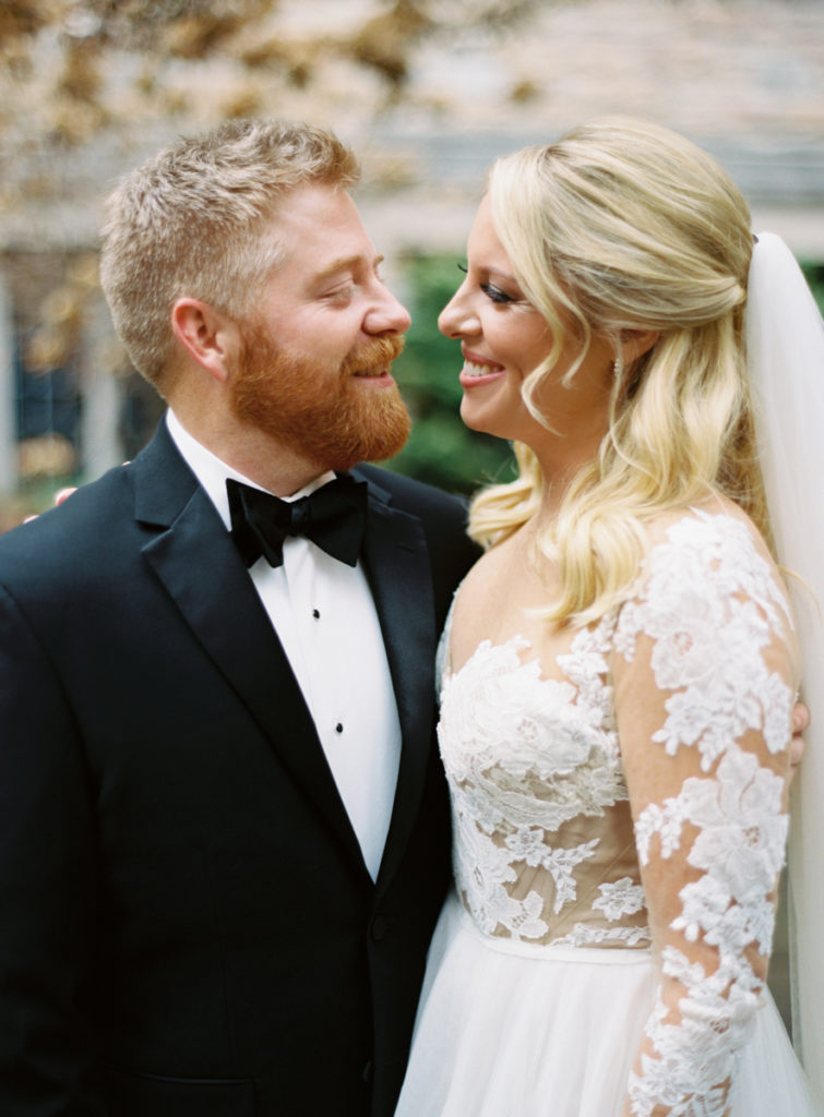 romantic bride and groom portraits at winter wedding at belle meade country club
