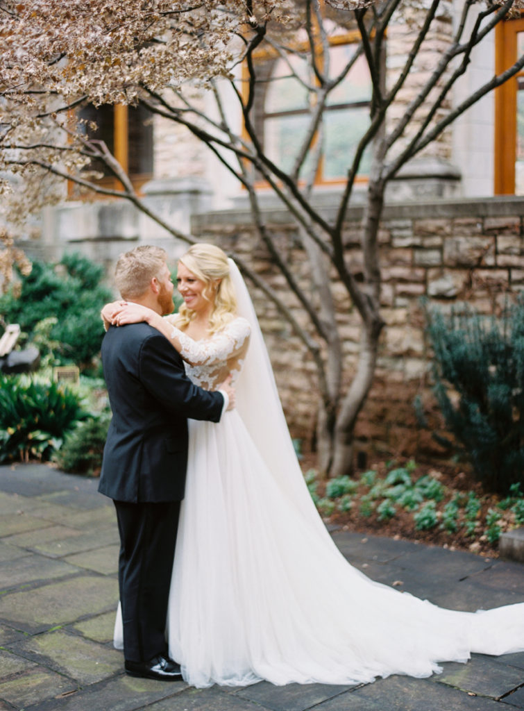 romantic bride and groom portraits at winter wedding at belle meade country club