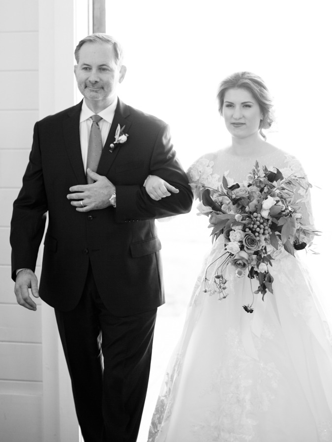 black and white images of bride and father of the bride walking into the ceremony