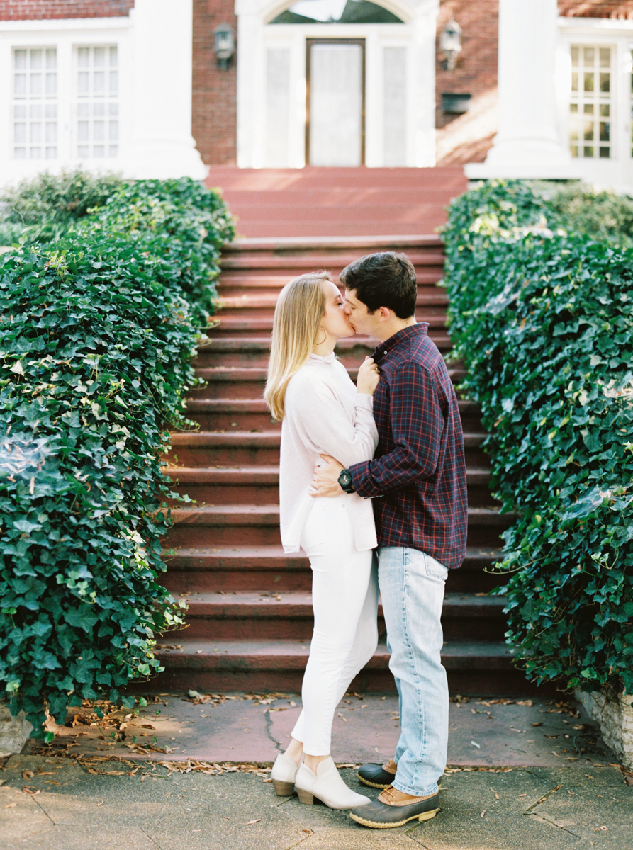 Romantic Fall engagement session with ivy and staircase
