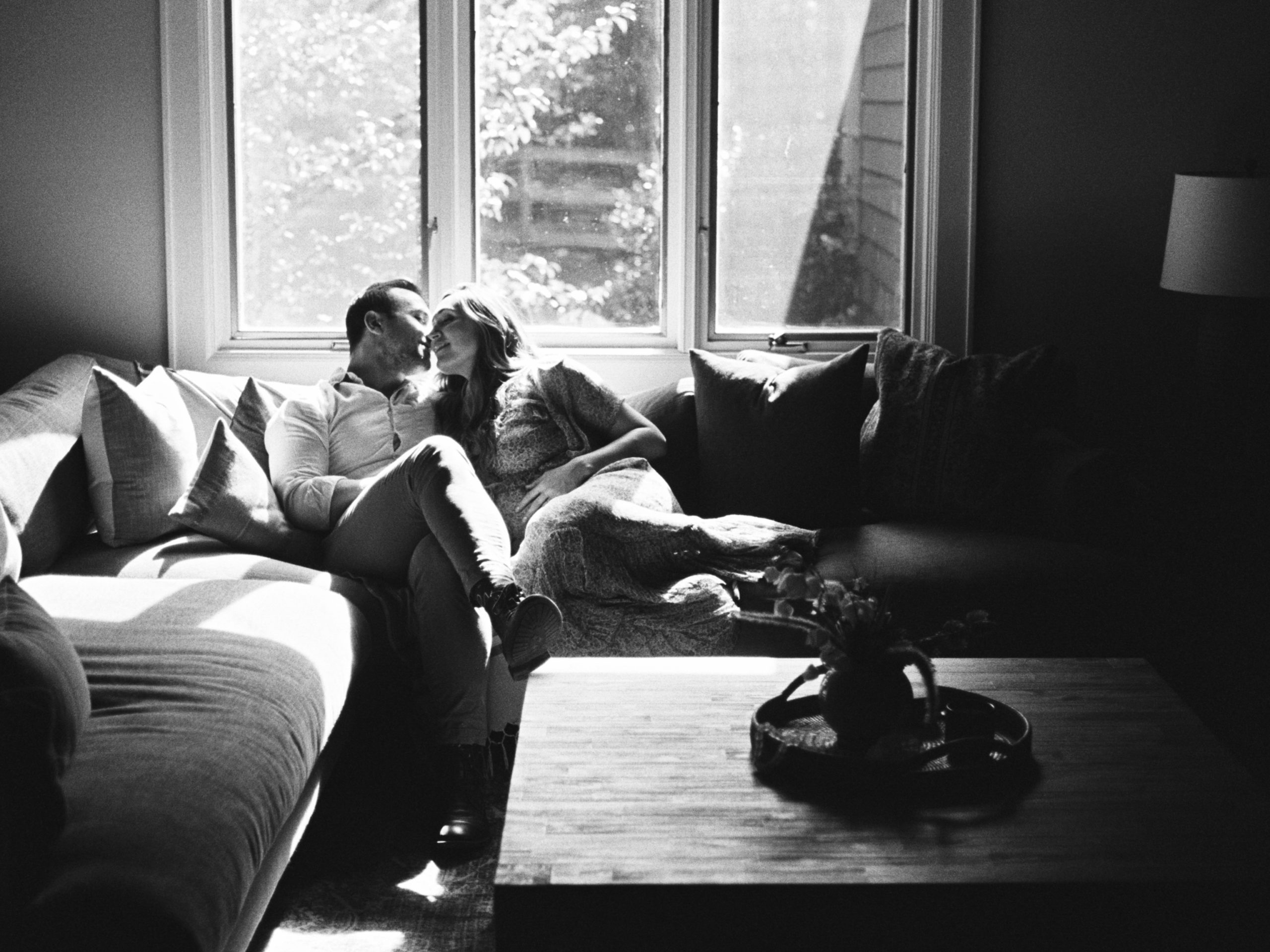 In Home Maternity Couples Session on 35mm Black and White Film | Family Chattanooga Photographer